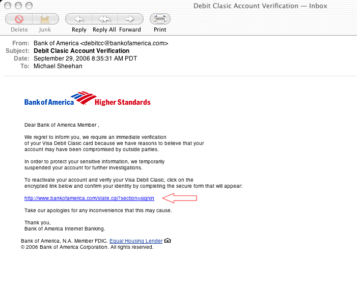 Bank of America Phishing email