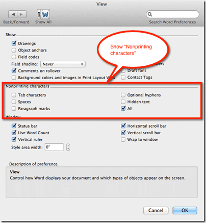 Show non-printing characters on Mac