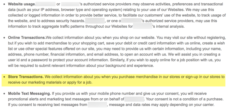 Asking for children's email address - store transactions privacy policy