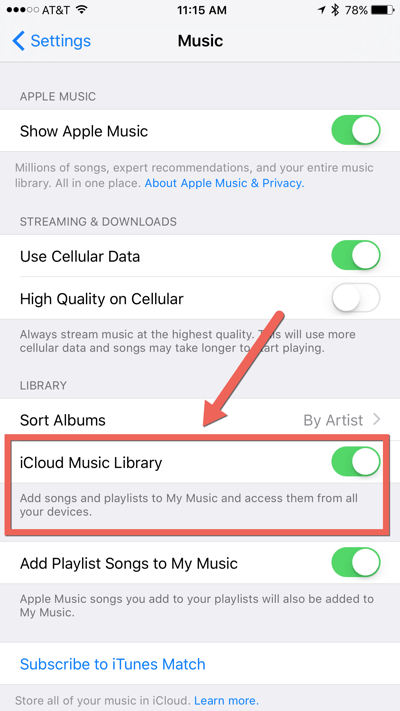 HTD Set Up & Sync iTunes Playlist - iCloud Music Library on toggle
