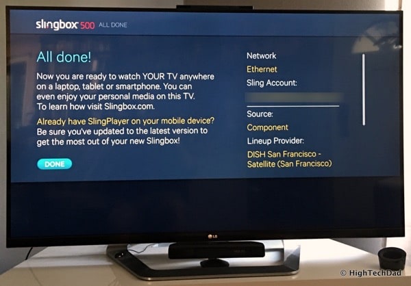 HTD Slingbox 500 setup - confirmation screen