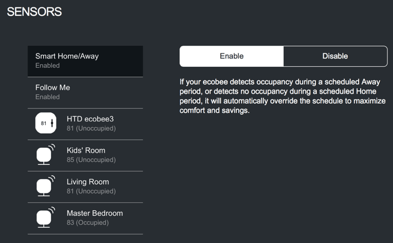 HighTechDad ecobee3 review - sensor settings