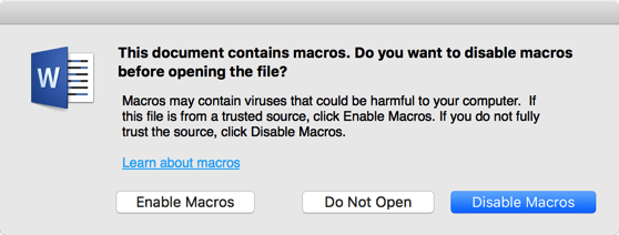 Malicious Word macro warning - disable macros