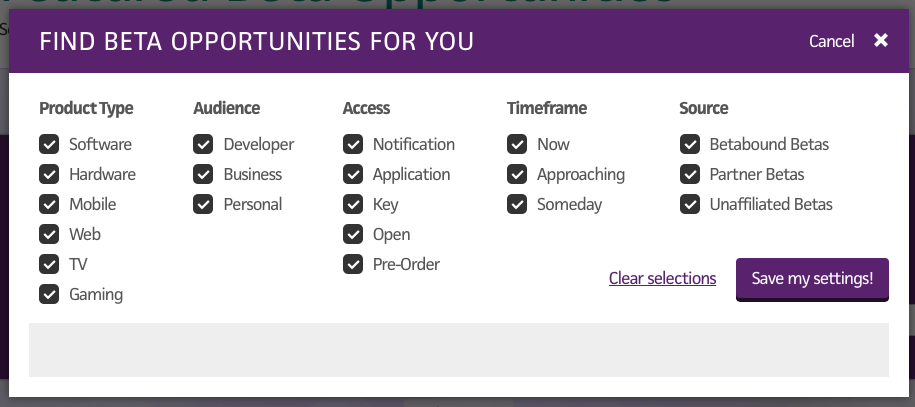 Betabound - home page categories