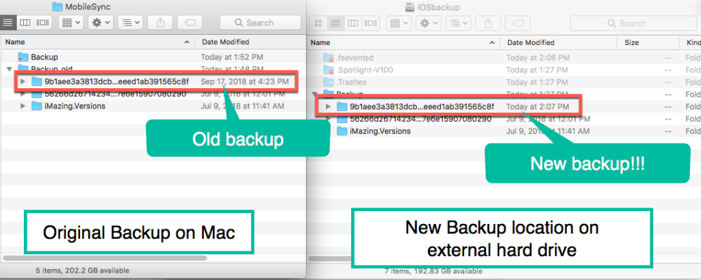 HighTechDad Change iOS Backup Location in iTunes - old and new backups