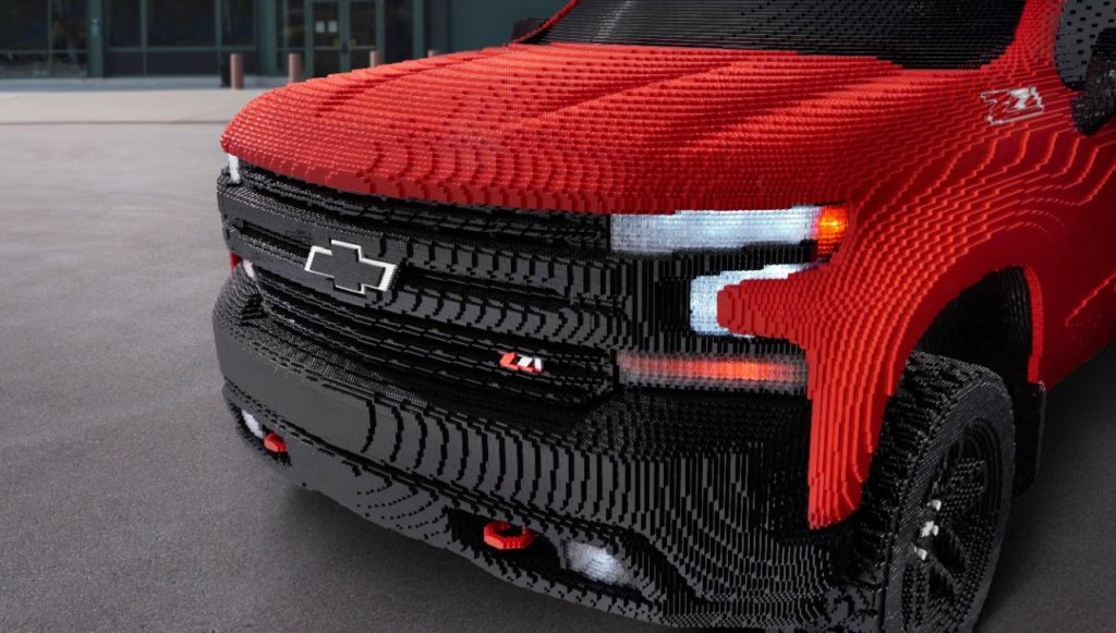 Chevy Silverado LEGO model with 334,544 LEGO pieces - close up of front