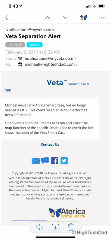 HighTechDad review Aterica Veta Smart Case for EPIPENS - email notification of separation