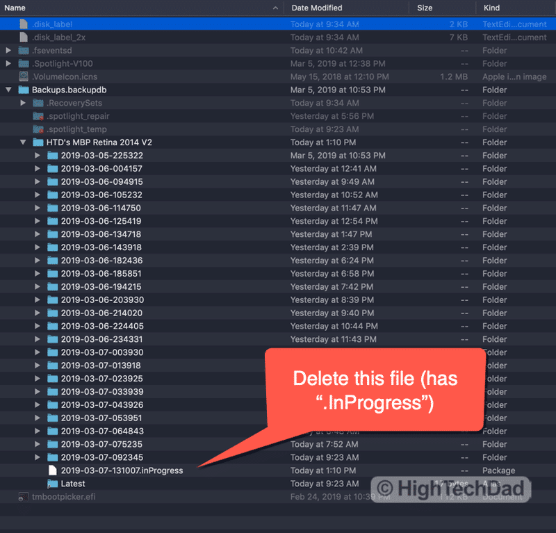 HighTechDad How To Fix Time Machine Errors (Error Type 11) - delete the .inProgress file