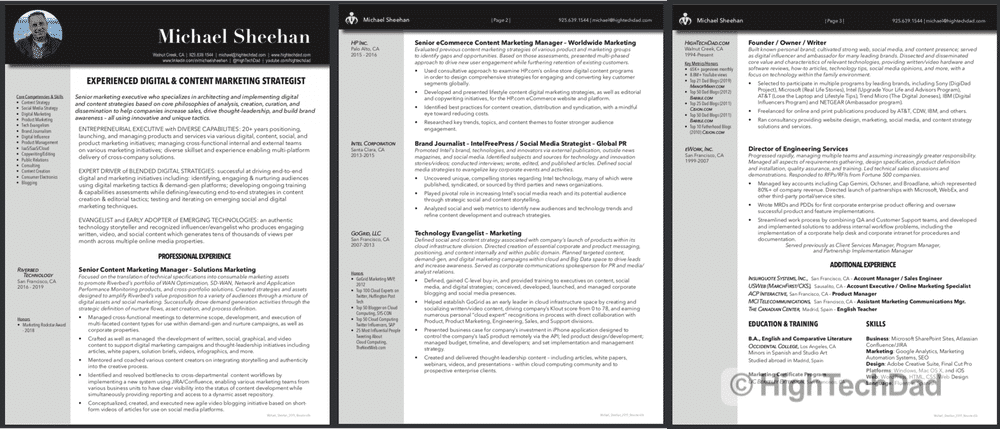 HighTechDad resume completely created within Adobe InDesign (part of Adobe Creative Cloud)