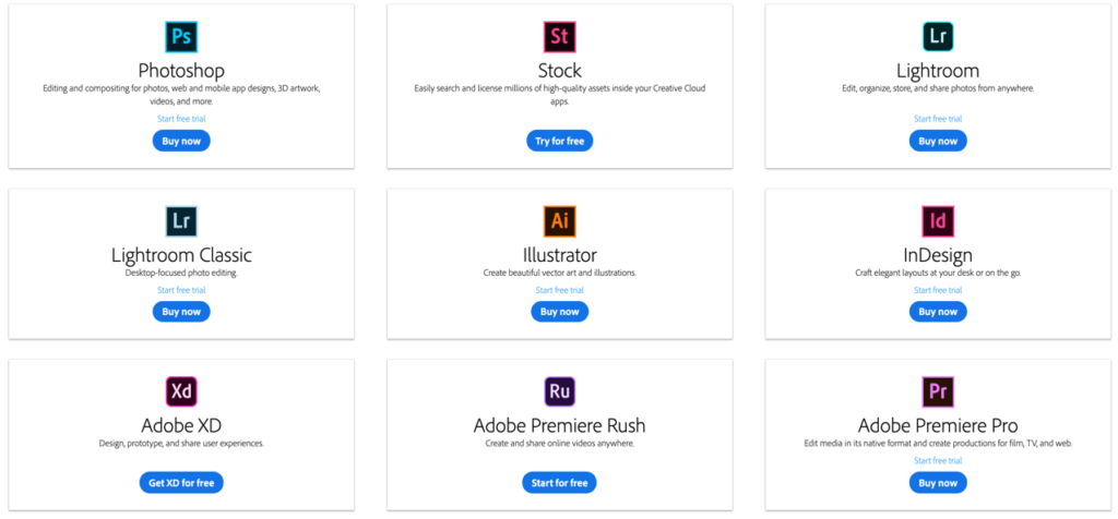 Adobe Creative Cloud - some of the applications