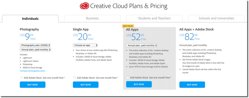 Adobe Creative Cloud pricing