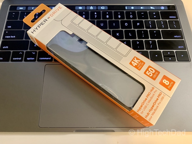 HighTechDad review of HyperDrive PRO 8-in-2 USB Type-C hub - in the box on keyboard