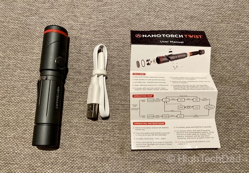 HighTechDad reviews KeySmart NanoTorch Twist LED flashlight - package contents