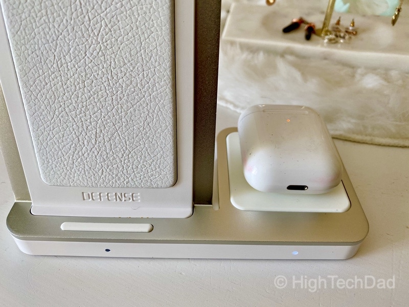 HighTechDad review - Defense Vertical Duo wireless charger - close up of AirPods charging