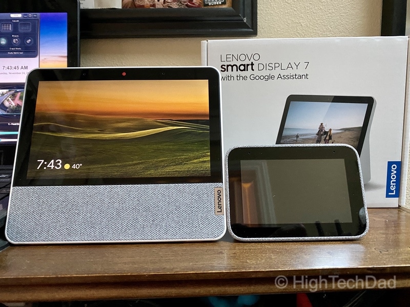 HighTechDad review: Lenovo Smart Display 7 - next to Lenovo Smart Clock