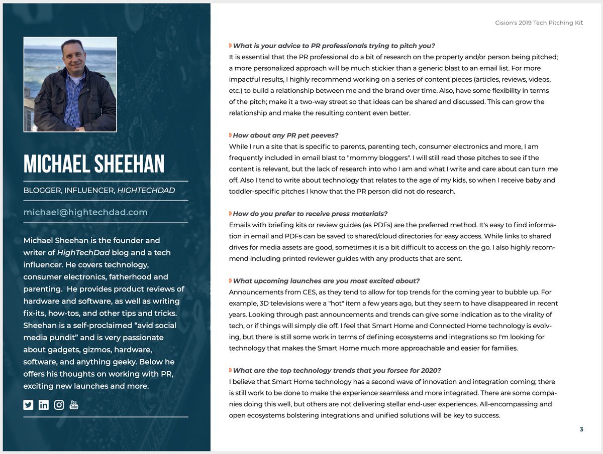 Michael Sheehan (HighTechDad) in the Cision Tech Pitching Guide