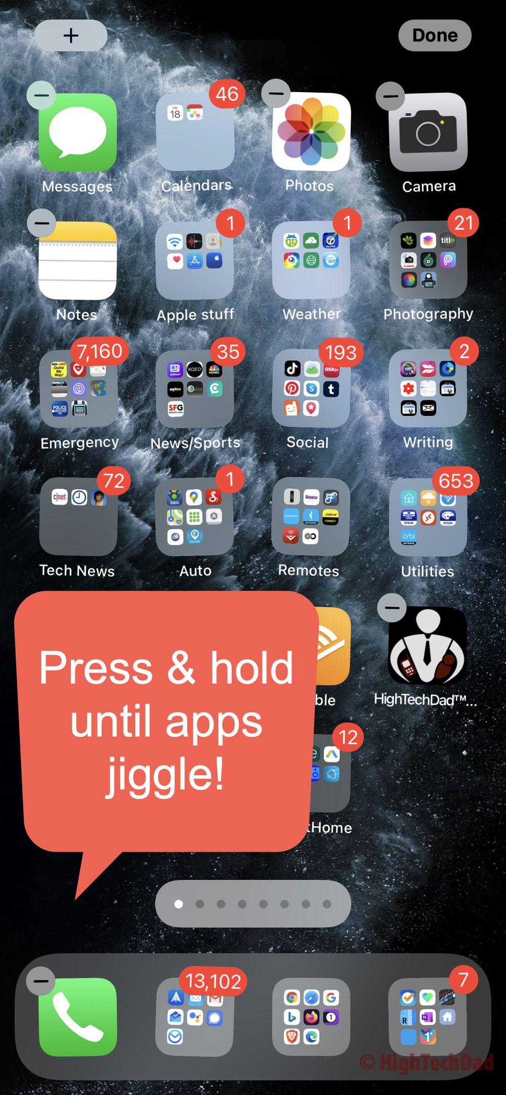 Press & hold until apps jiggle - HighTechDad iOS 14 quick tip