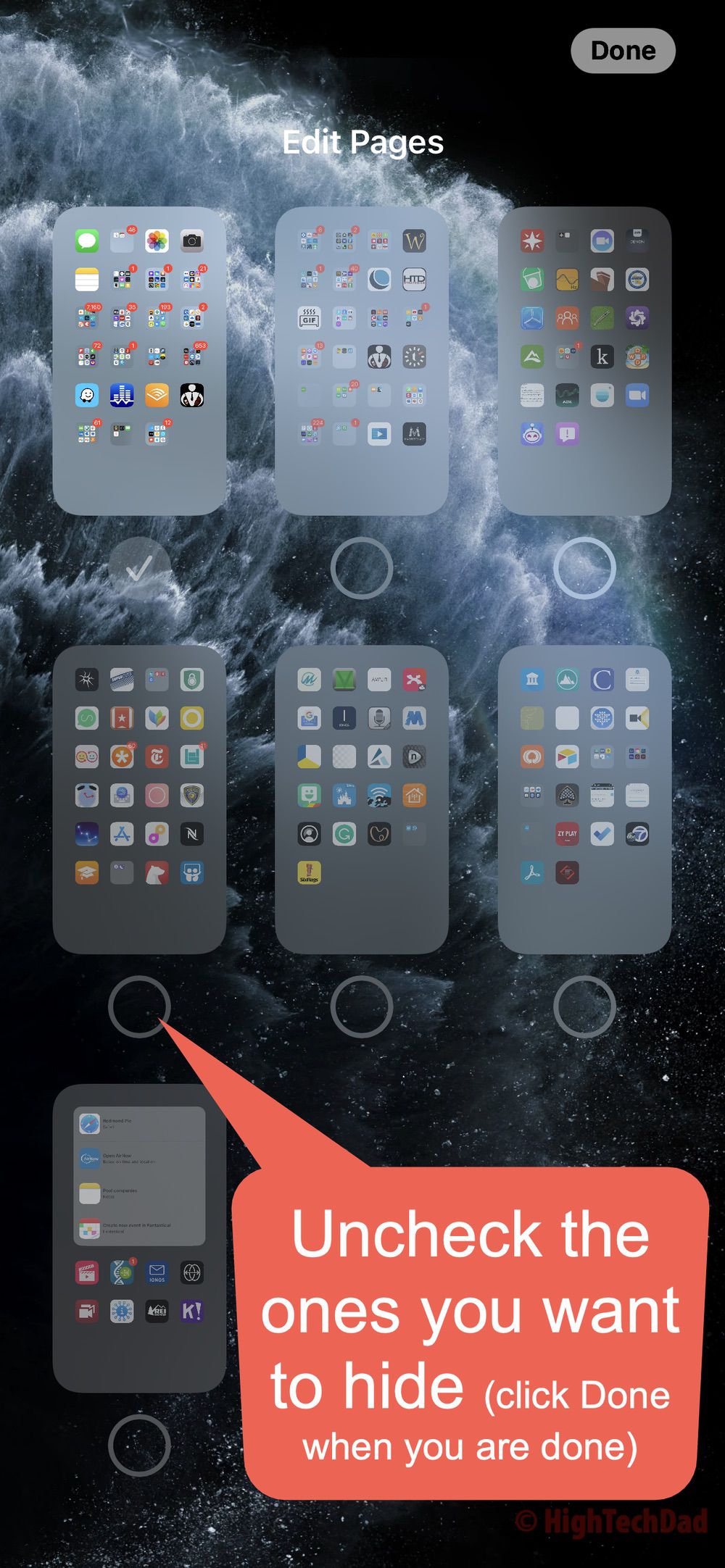 Uncheck pages you want to hide - HighTechDad iOS 14 quick tip