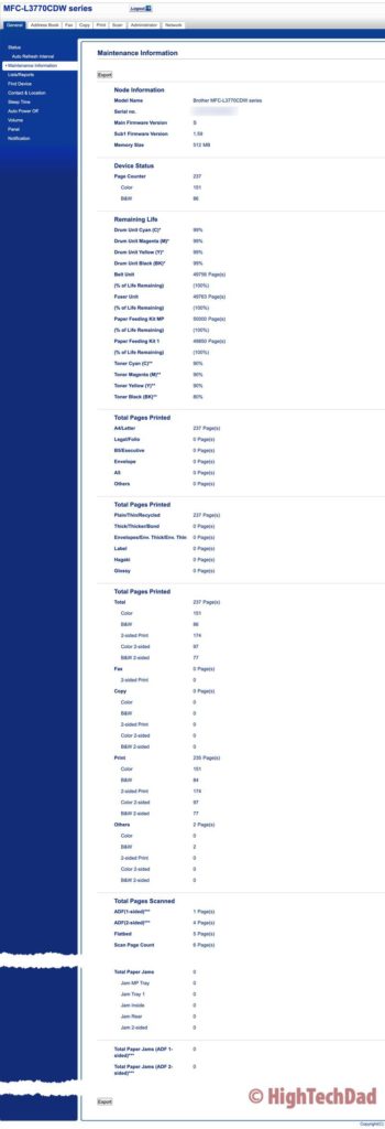 HighTechDad review - Web interface of status of Brother MFC-L3770CDW printer