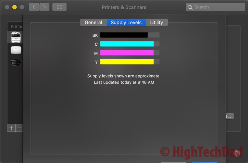 Mac printer system preferences showing toner levels in the Brother MFC-L3770CDW printer