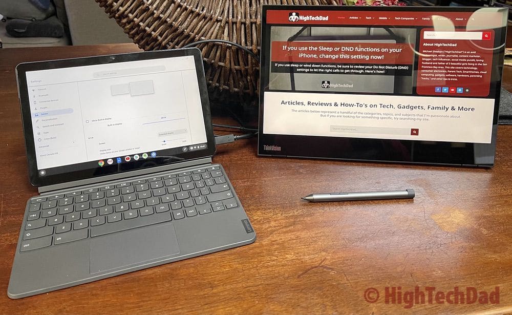 Chromebook Duet connected to Lenovo ThinkVision M14t - HighTechDad Review