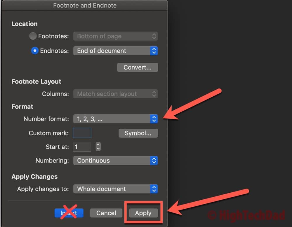 Click Apply not insert - How to Convert footnotes to endnotes - HighTechDad