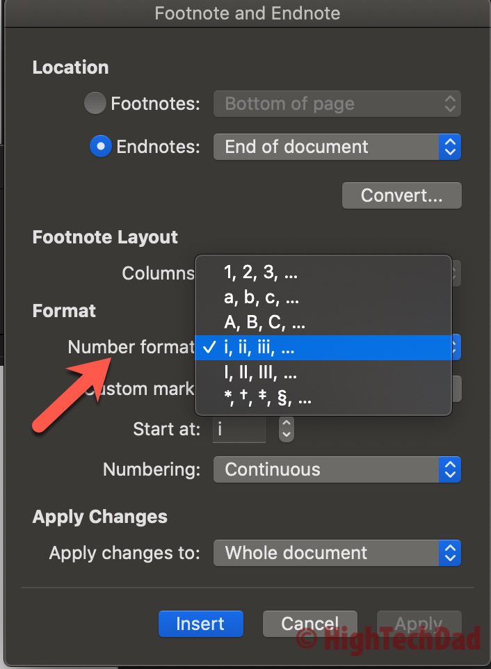 Format the selection - How to Convert footnotes to endnotes - HighTechDad