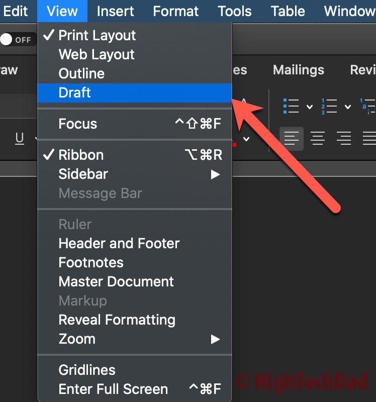 Select View Draft menu - How to Convert footnotes to endnotes - HighTechDad