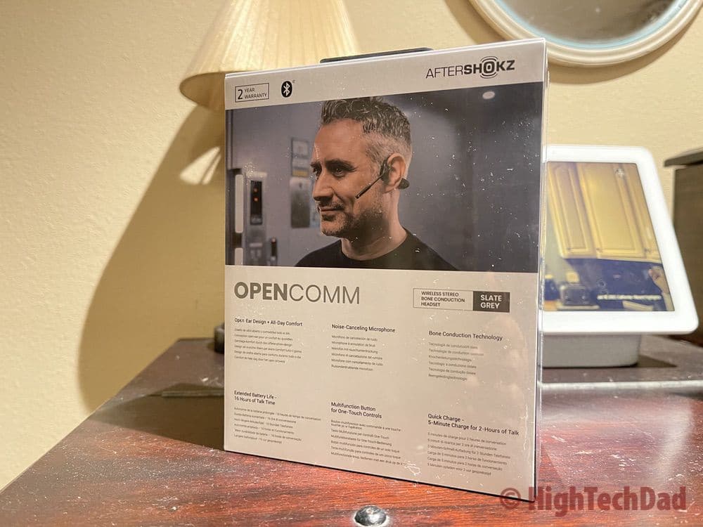 Back of box AfterShokz OpenComm headset - HighTechDad review
