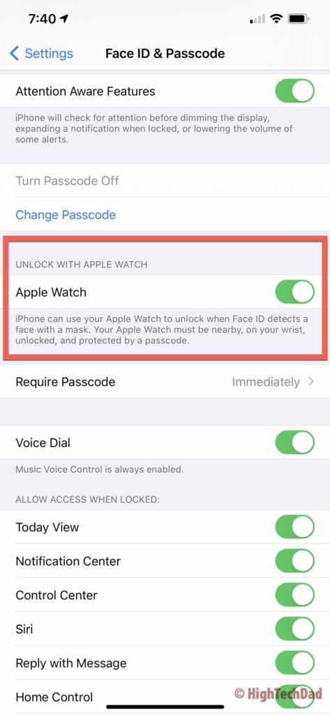Unlock iPhone with Apple Watch toggle - HighTechDad