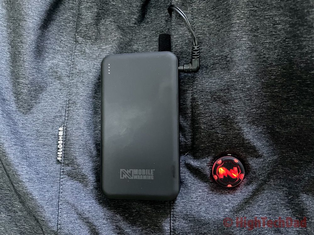 Battery with the button on - Fieldsheer Adventure Heated Jacket - HighTechDad review