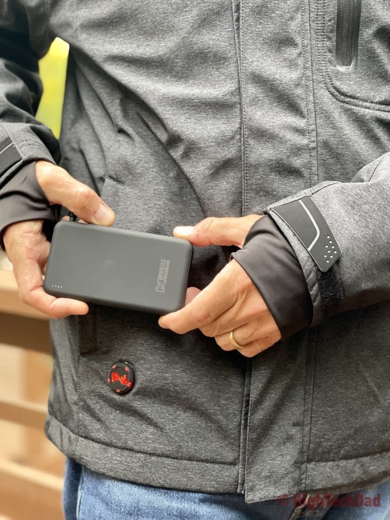 Thumb sleeve holder, battery, and button - Fieldsheer Adventure Heated Jacket - HighTechDad review