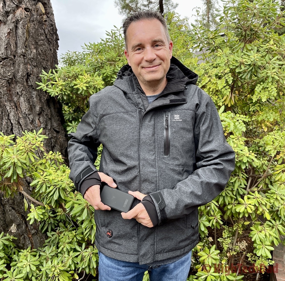Battery out of the hidden pocket - Fieldsheer Adventure Heated Jacket - HighTechDad review