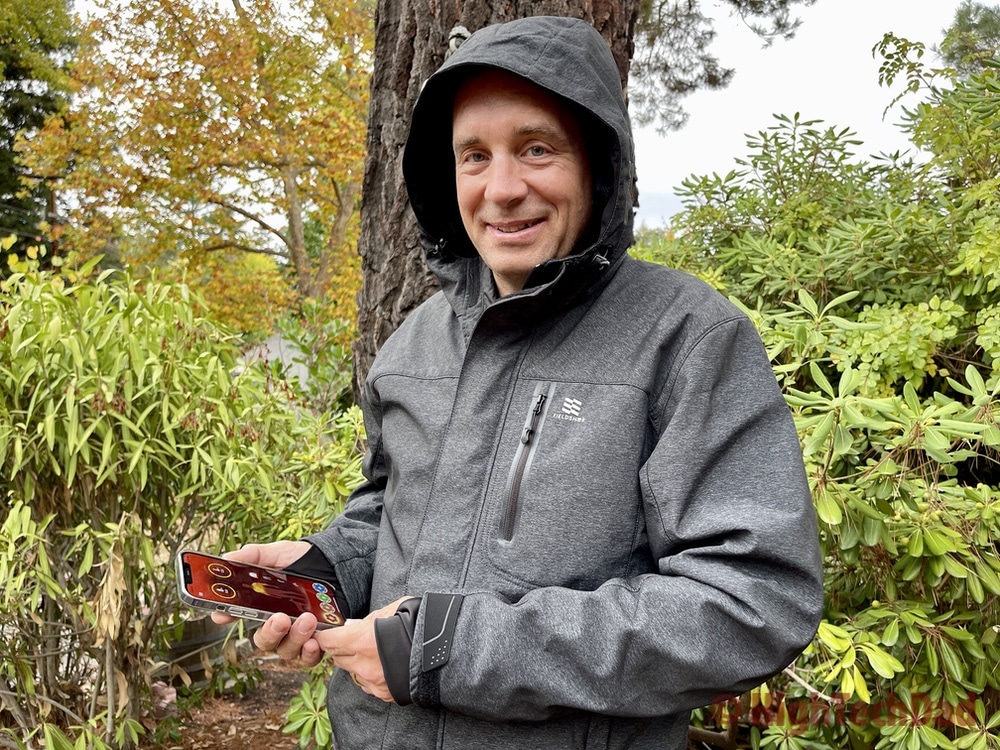 Smartphone app & hood on - Fieldsheer Adventure Heated Jacket - HighTechDad review