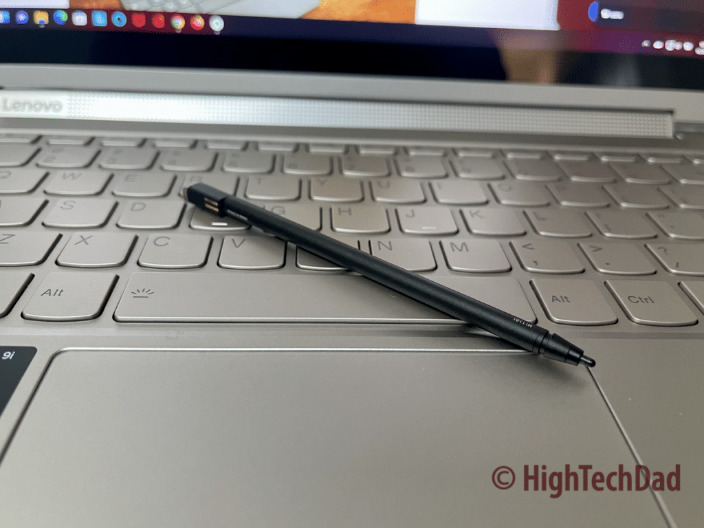 Pen on keyboard - Lenovo Yoga 9i laptop - HighTechDad review