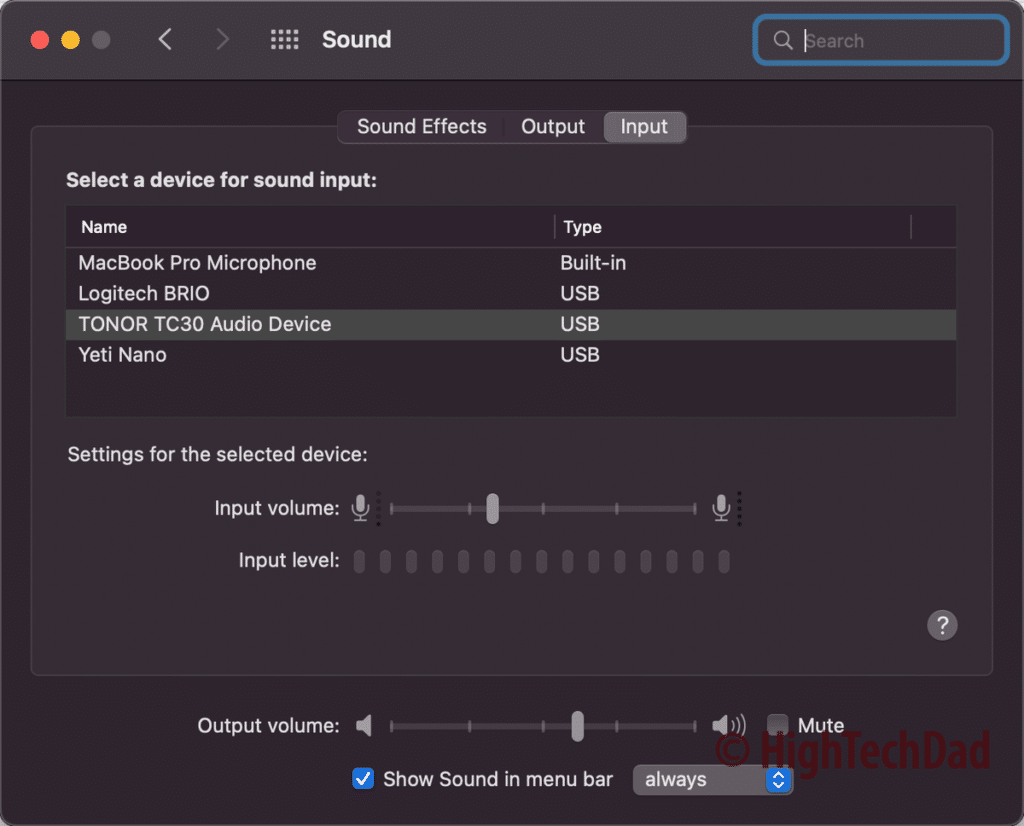 macOS Sound input panel - TONOR TC30 mic - HighTechDad review