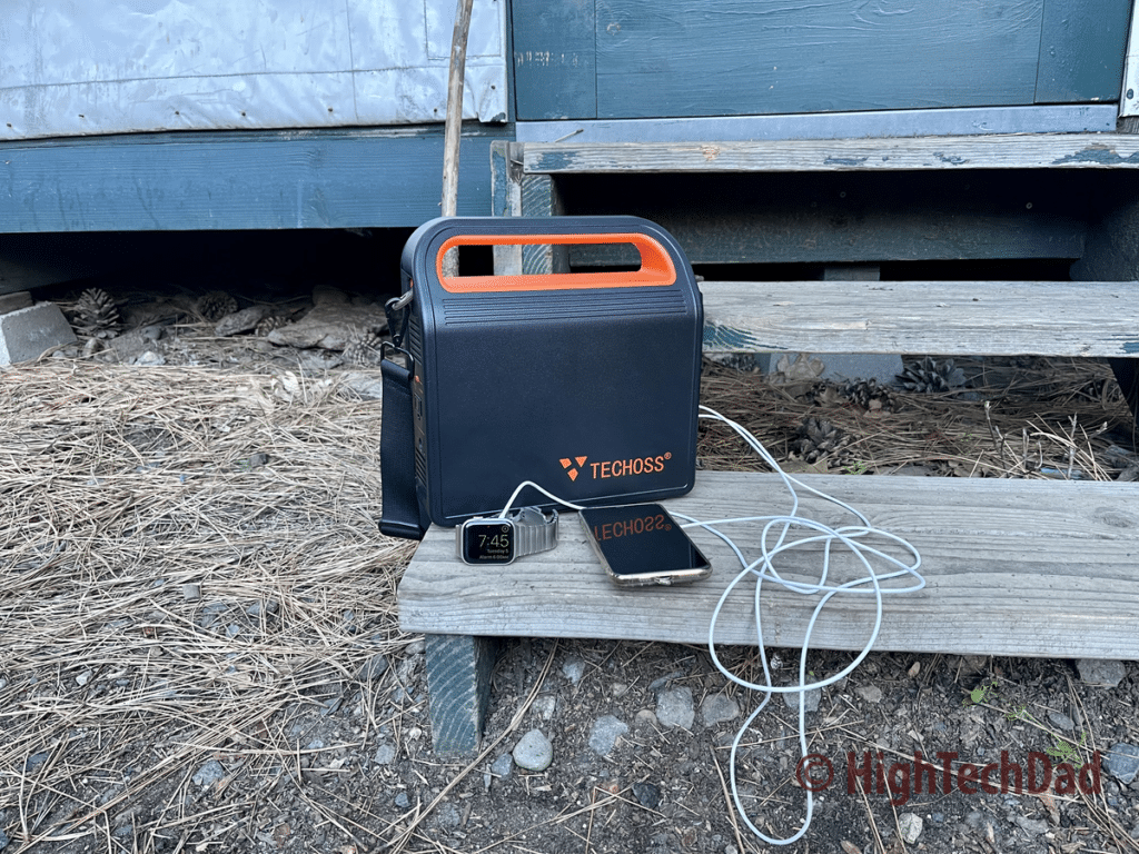 Charging an Apple Watch and iPhone - HighTechDad Review - TECHOSS P300W Portable Power Station