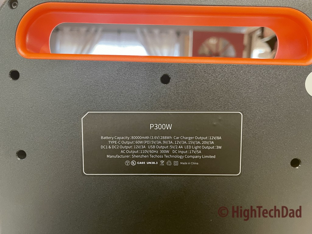 The back sticker - HighTechDad Review - TECHOSS P300W Portable Power Station