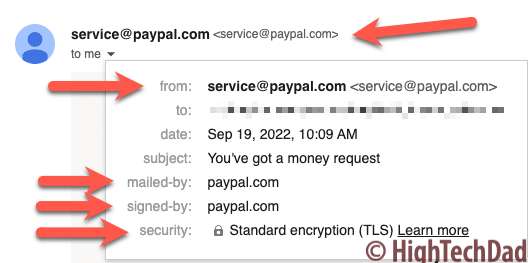 PayPal phishing scam - expanded email header - HighTechDad
