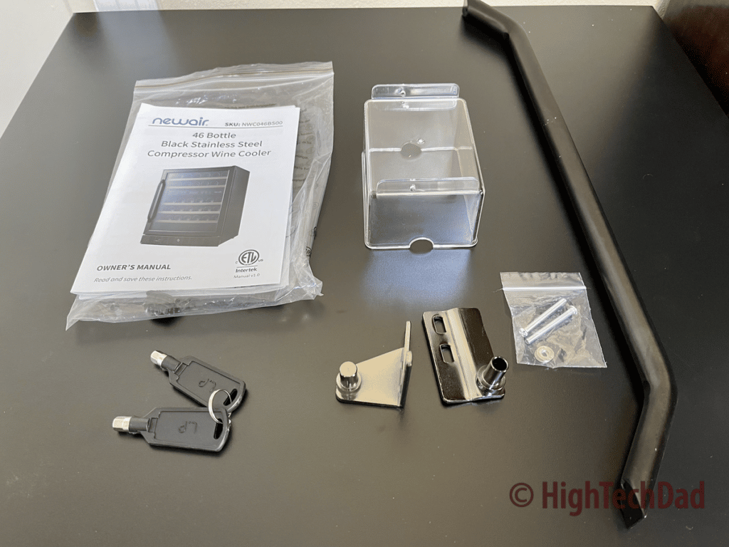 Keys, handle, water tray, hinges - 46 bottle NewAir Wine Fridge - HighTechDad review