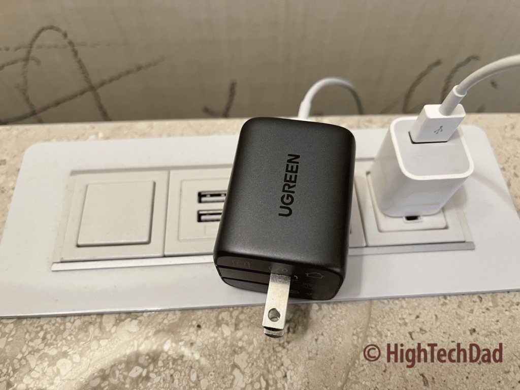 45W UGREEN Nexode next to an Apple single port charger - UGREEN Nexode GaN USB Chargers - HighTechDad review