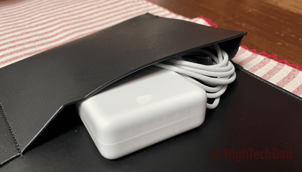 MacBook Pro brick in front pocket - Mujjo Envoy laptop sleeve - HighTechDad review