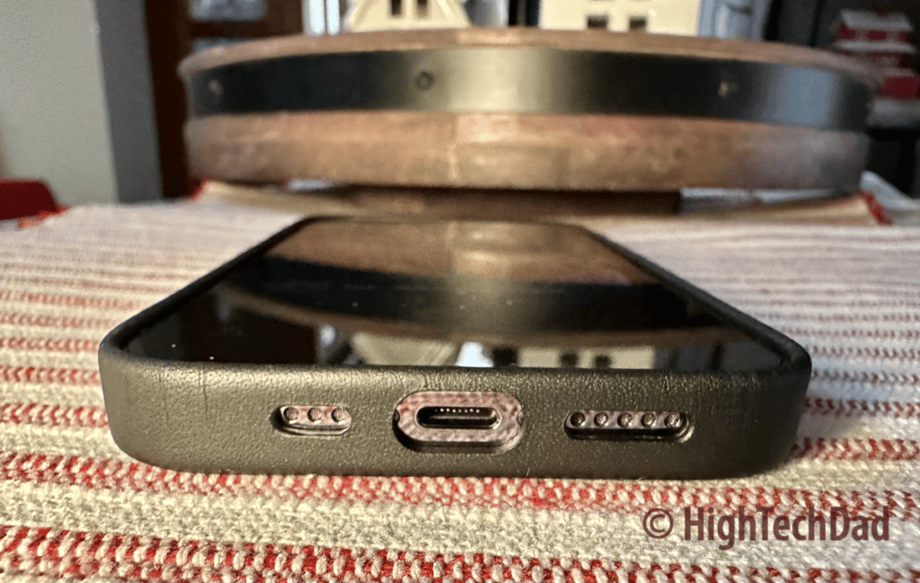 Speaker and charger holes - Mujjo Leather Case - HighTechDad review
