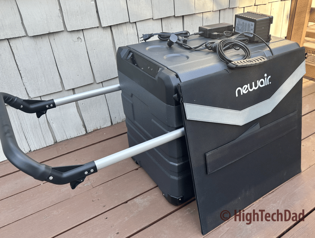 Cooler, solar panels, cords, battery - Newair electric cooler - HighTechDad review