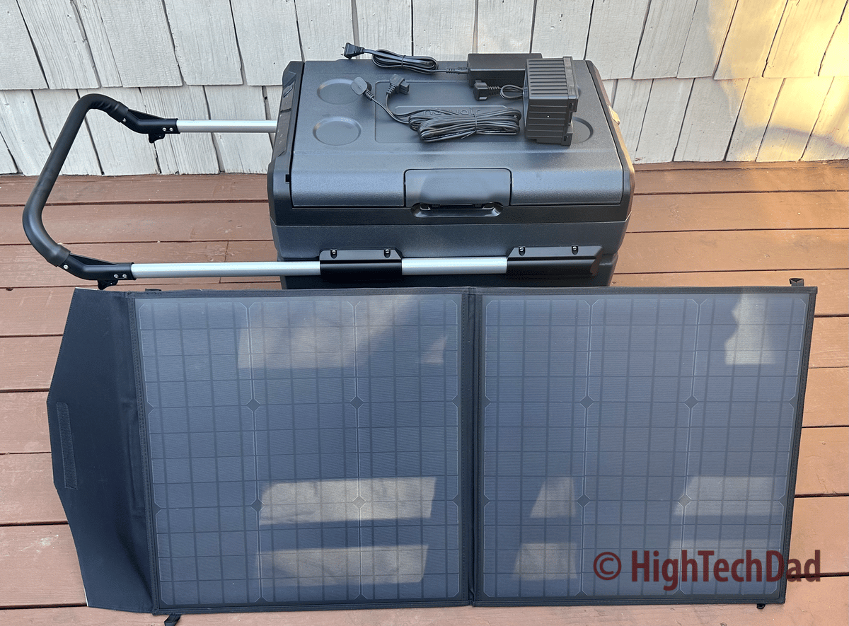 Cooler, power cables, solar panel - Newair electric cooler - HighTechDad review