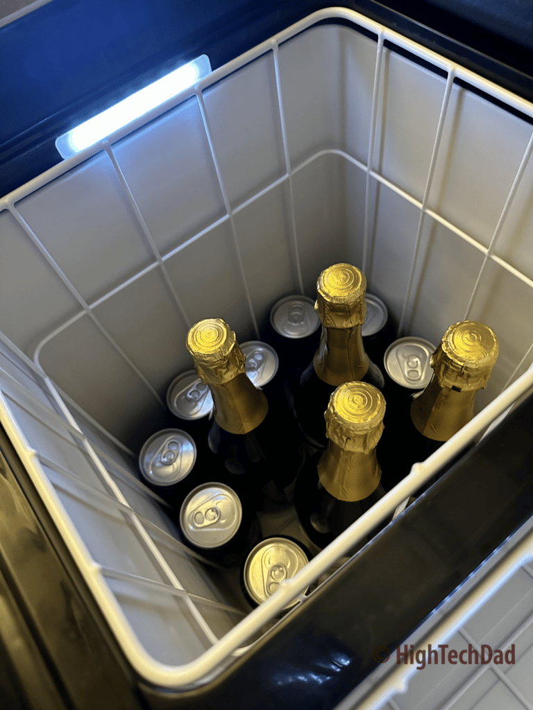 Beverages in large compartment - Newair electric cooler - HighTechDad review
