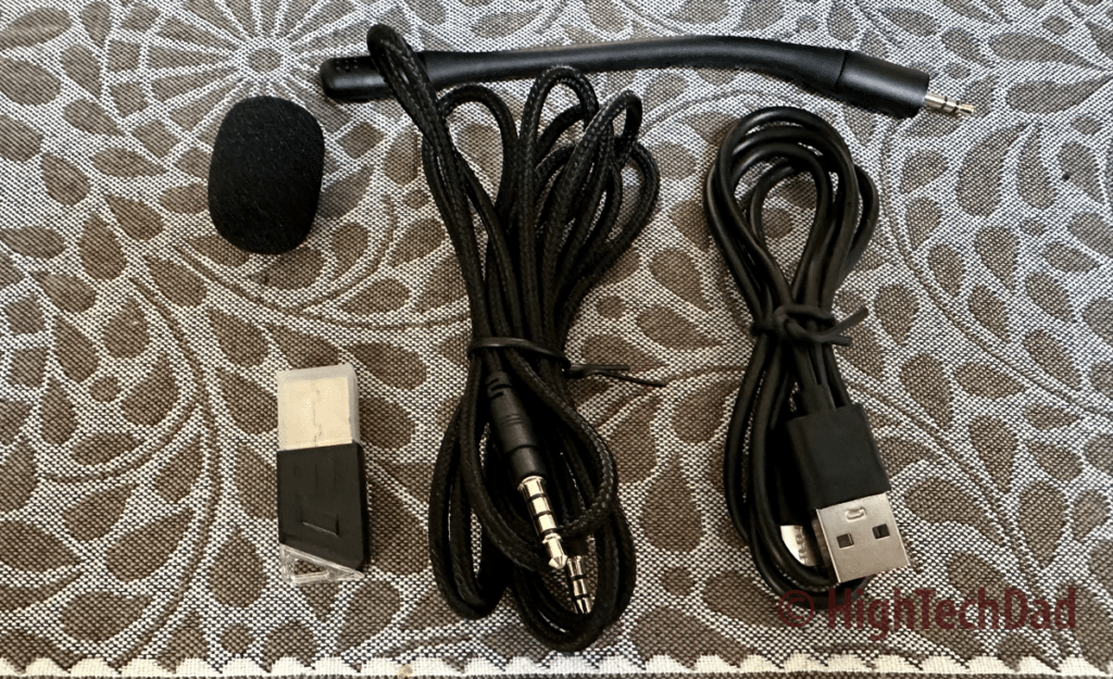 Boom mic, USB transmitter, audio cable, USB charging cable - Monoprice Workstream Headset - HighTechDad review