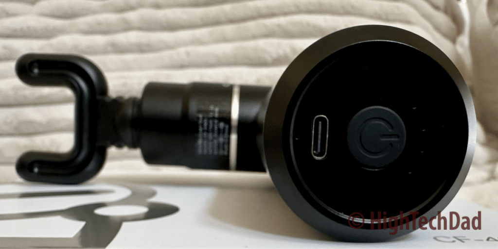 USB-C port and power button - Comfier Mini Massage Gun - HighTechDad review