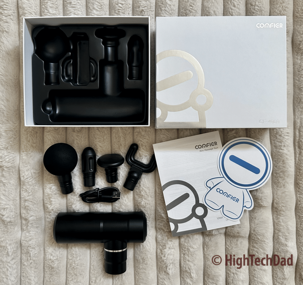 Box contents - Comfier Mini Massage Gun - HighTechDad review