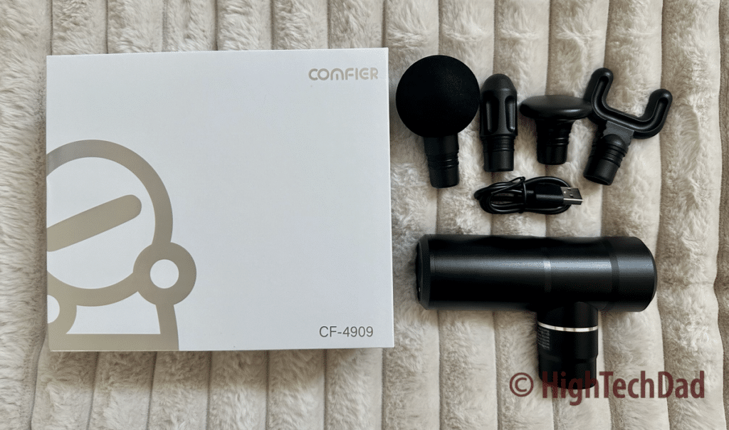 What's in the box - Comfier Mini Massage Gun - HighTechDad review